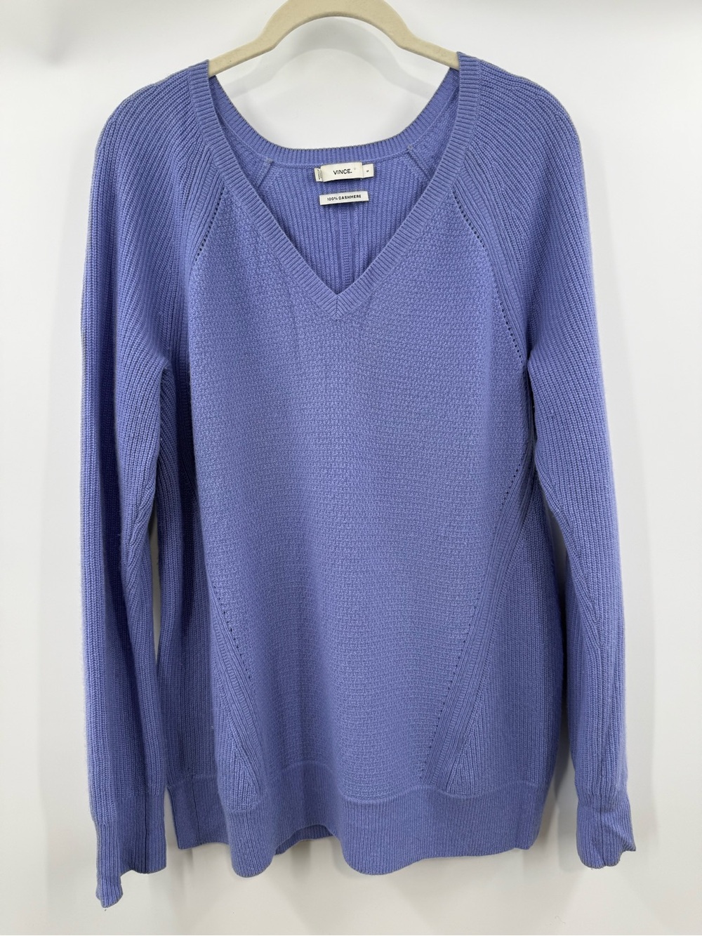 Vince 100% Cashmere Textured Rib Knit V-Neck Sweater Periwinkle Lavender Size S